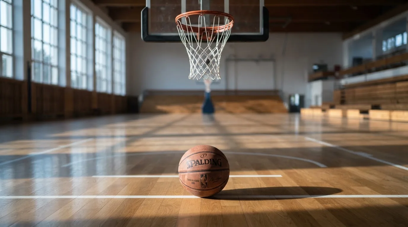 Ein Basketball liegt auf dem Hallenboden unter einem Korb, das Netz hängt ruhig, Morgenlicht fällt durch hohe Fenster.