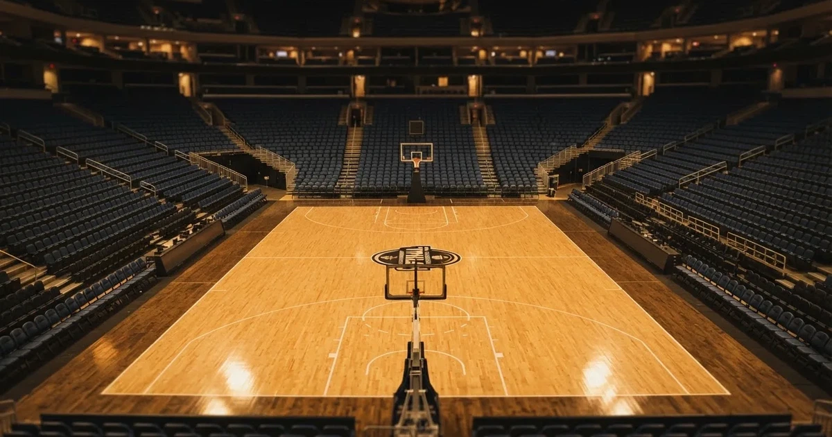Eine leere Basketballhalle von einer oberen Tribünenreihe aus gesehen, Parkett und Körbe im Licht der Hallenstrahler.