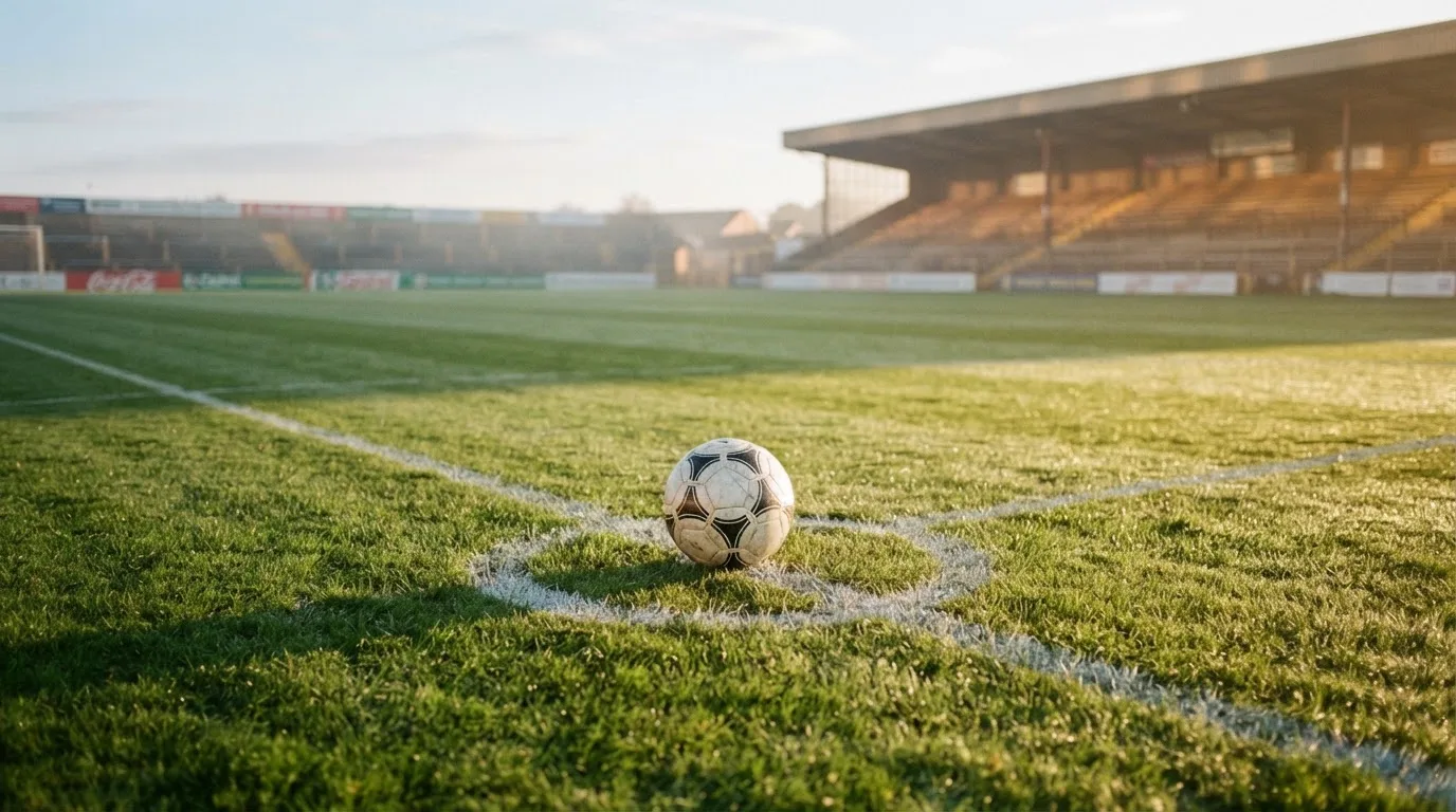 Ein Fußball liegt auf dem Anstoßkreis eines leeren Rasenplatzes im Licht der Morgensonne.