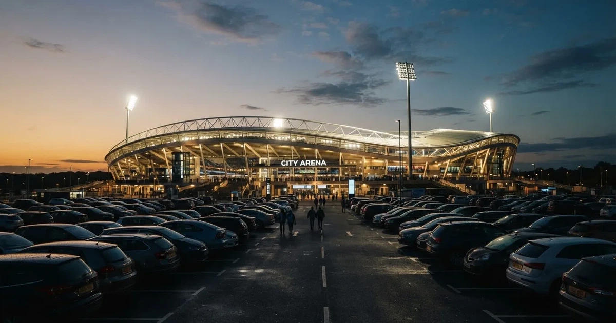 Ein Fußballstadion unter Flutlicht aus großer Entfernung, davor ein dunkler Parkplatz und ein heller Abendhimmel.