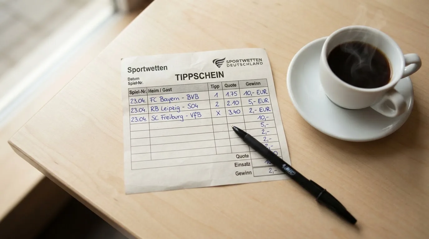 Ein leerer Wettschein aus Papier liegt neben einem Kugelschreiber und einer Tasse auf einem hellen Holztisch.