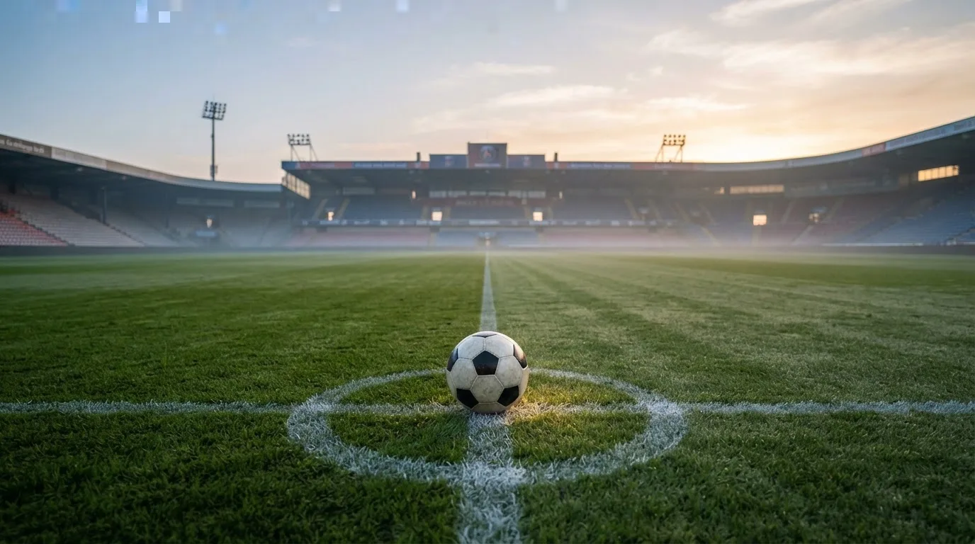 Ein Fußball liegt auf dem Anstoßpunkt eines leeren Rasenplatzes in der Morgendämmerung, im Hintergrund eine leere Tribüne.