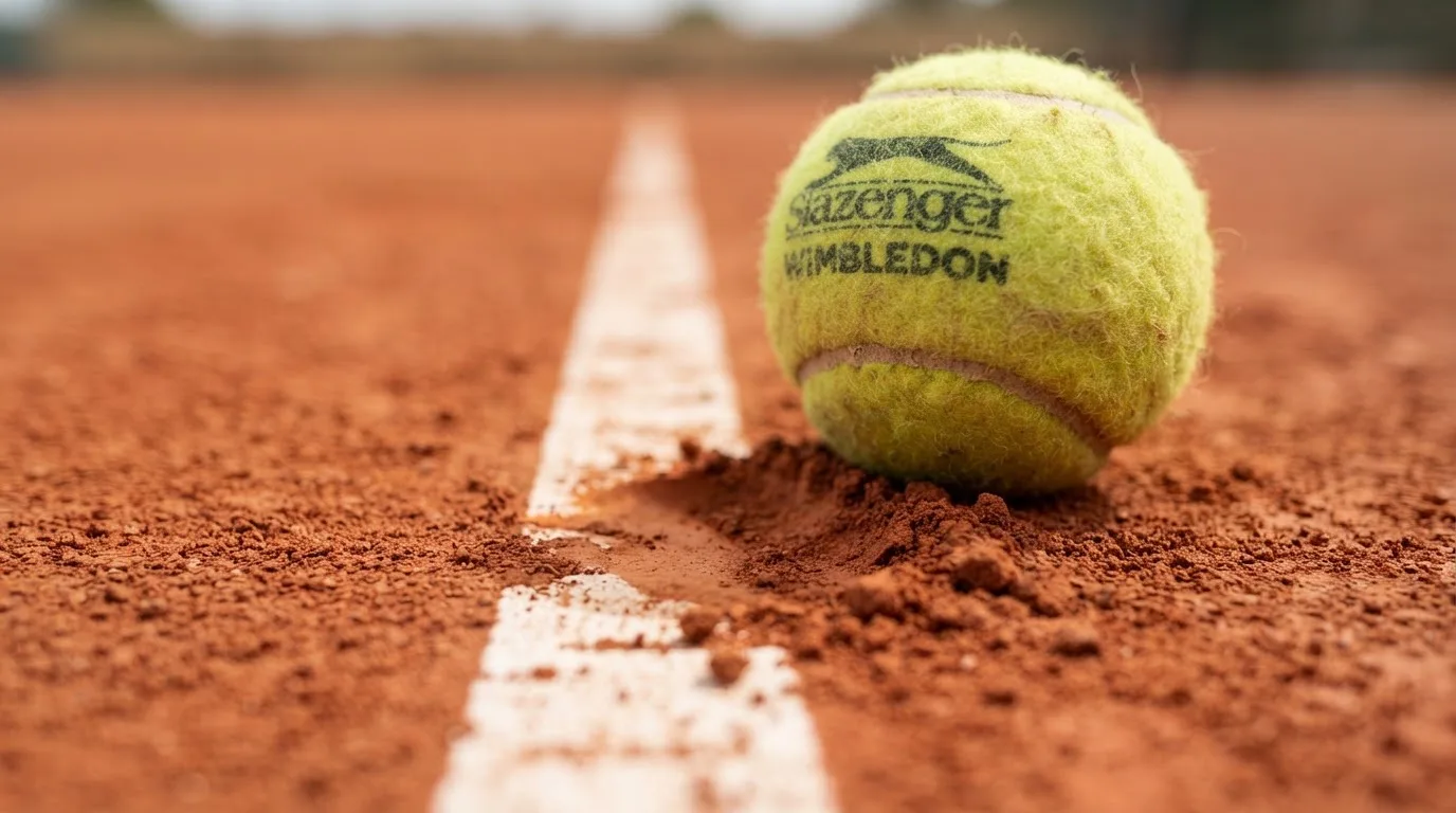 Ein einzelner Tennisball liegt auf rotem Sand neben einer weißen Linie, geringe Schärfentiefe.