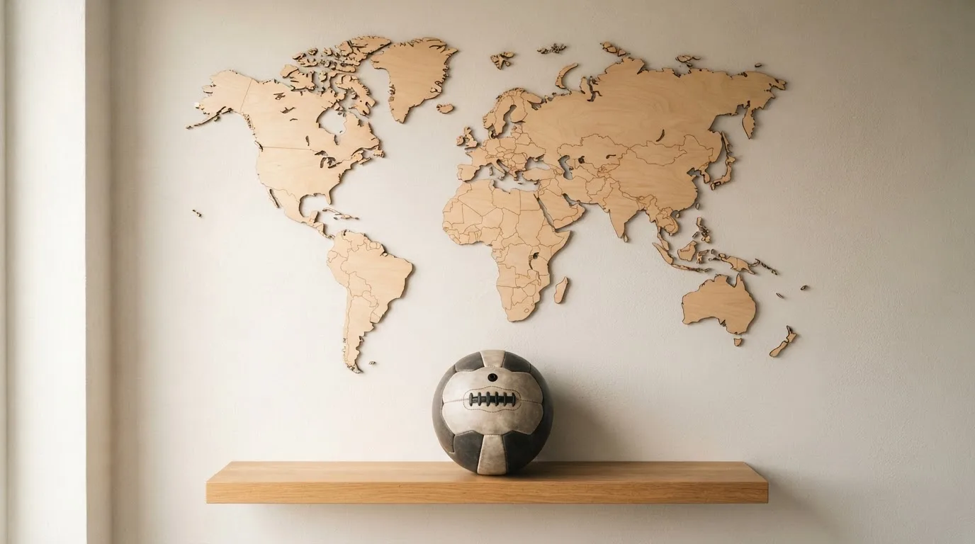 Eine Weltkarte aus Holz hängt an einer Wand, davor liegt ein Fußball auf einem Regal, ohne erkennbare Beschriftung.