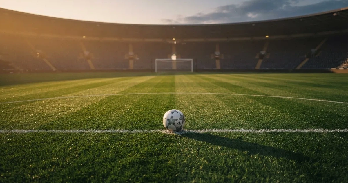 Ein Fußballplatz mit frisch gemähtem Rasen im Abendlicht, ein Ball liegt im Strafraum, im Hintergrund unscharf eine leere Tribüne.