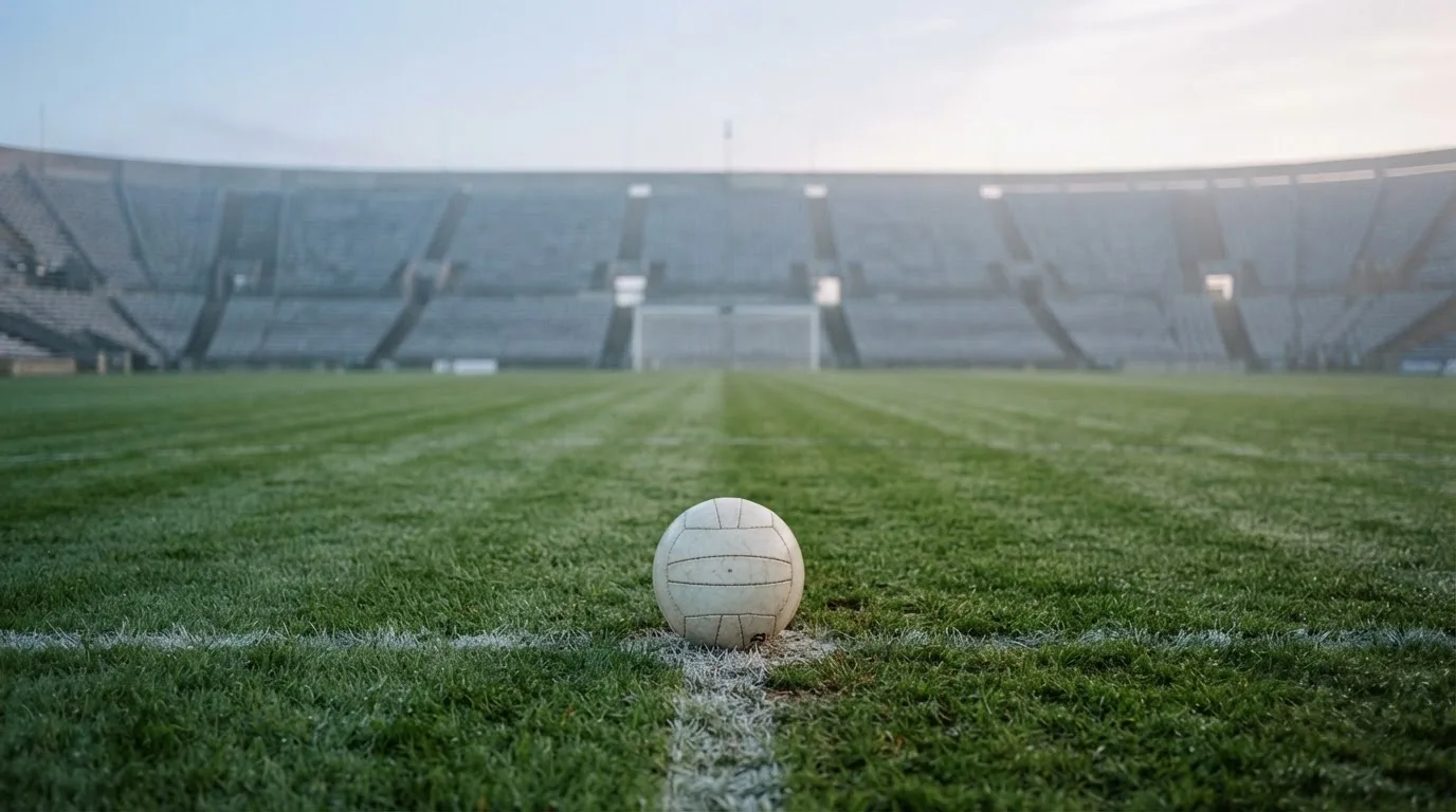 Ein Fußball liegt auf dem Anstoßpunkt eines leeren Rasenplatzes im frühen Morgenlicht, dahinter eine leere Tribüne.