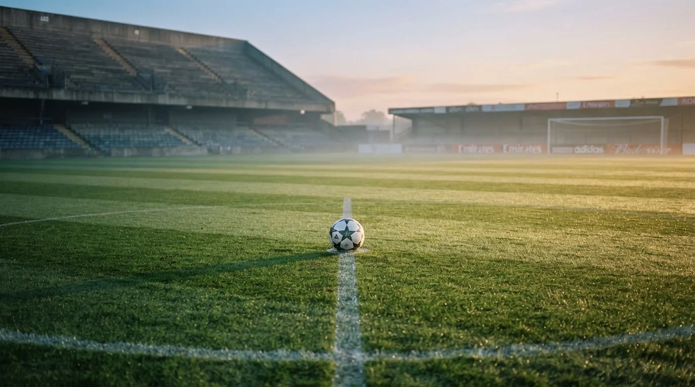 Ein Fußball liegt auf dem Anstoßpunkt eines leeren Rasenplatzes im frühen Morgenlicht, dahinter eine leere Tribüne.