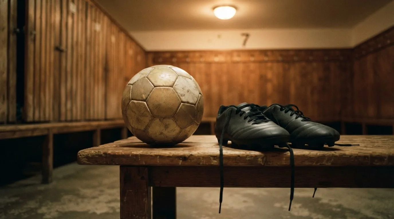 Ein Fußball liegt auf einer Holzbank in einer leeren Umkleide neben einem Paar Fußballschuhen ohne Markenzeichen.