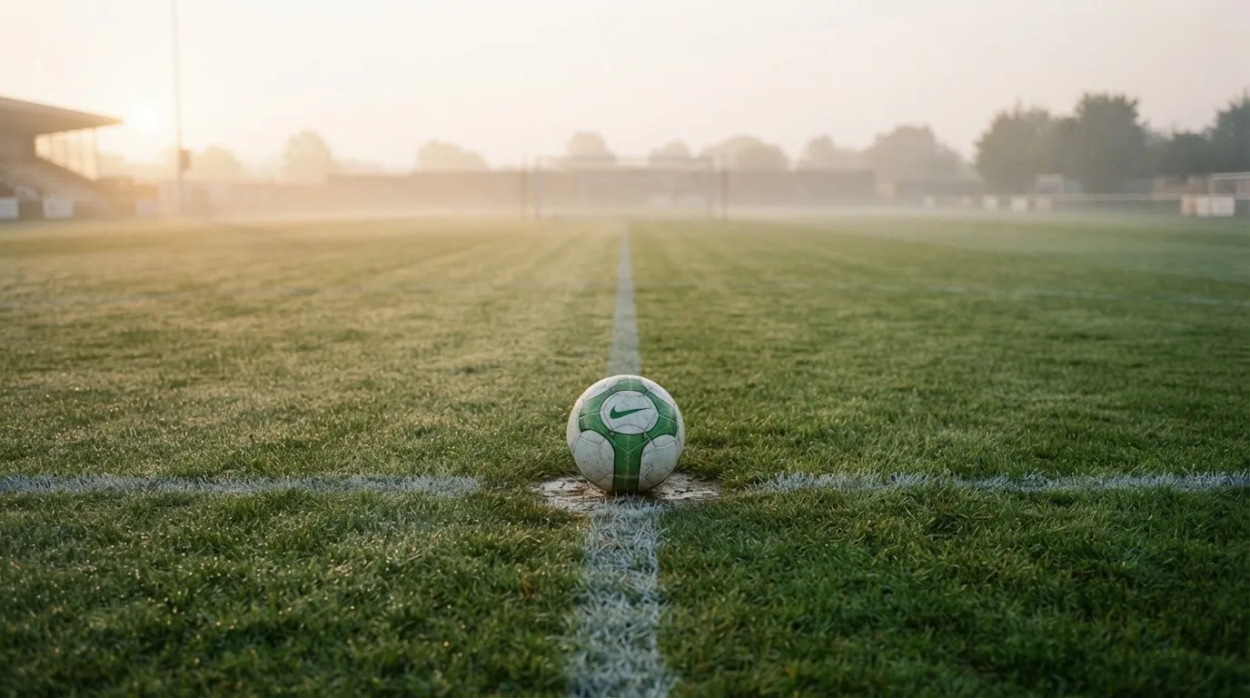 Ein Fußball ruht auf dem Mittelkreis eines leeren Rasenplatzes in der Morgendämmerung, Tau liegt auf dem Gras.