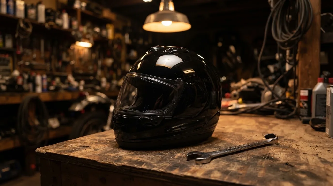 Ein schwarzer Motorradhelm ohne Aufdruck liegt auf einer Werkbank neben einem Schraubenschlüssel, warmes Licht einer Werkstatt.