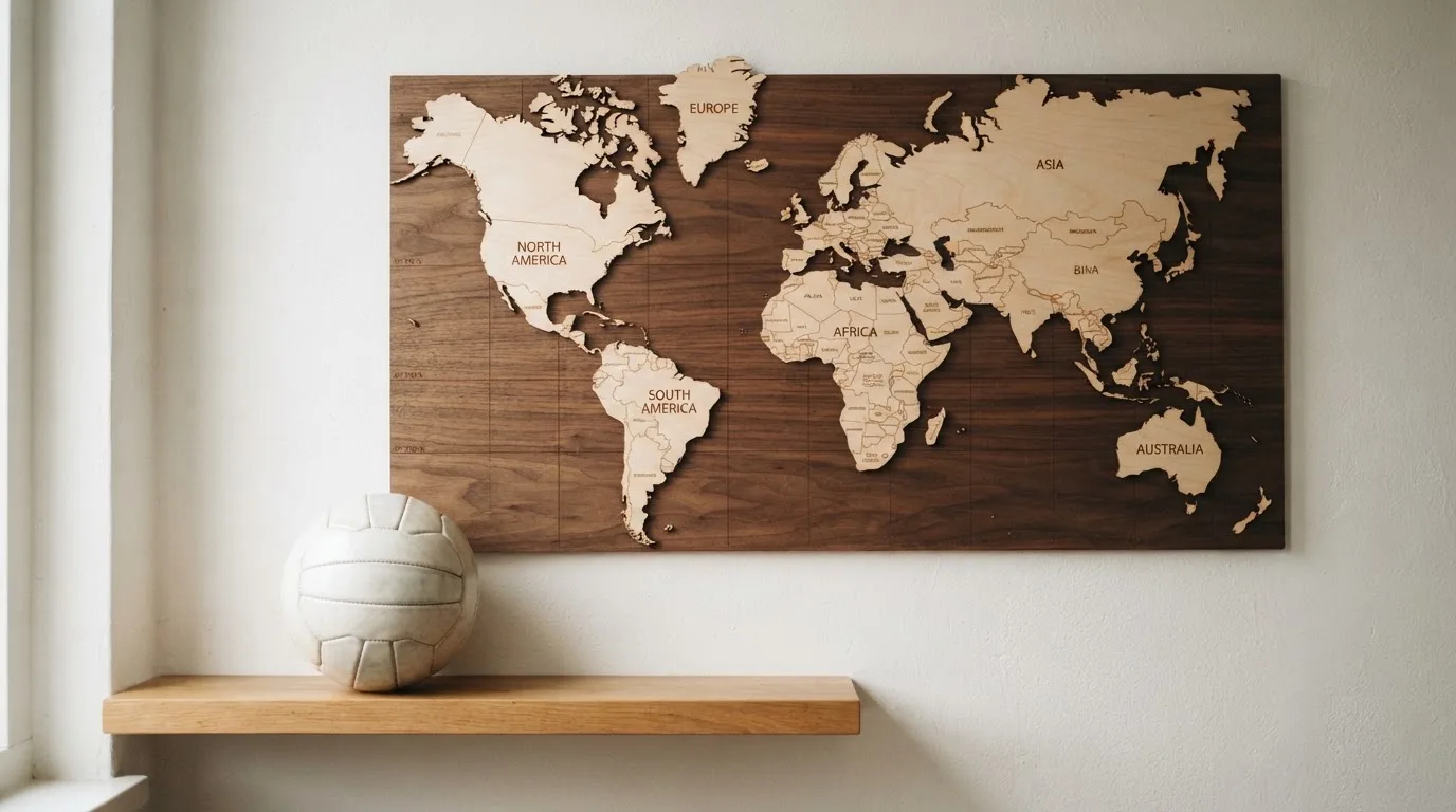 Eine Weltkarte aus Holz hängt an einer Wand, davor liegt ein Fußball auf einem Regal, ohne erkennbare Beschriftung.