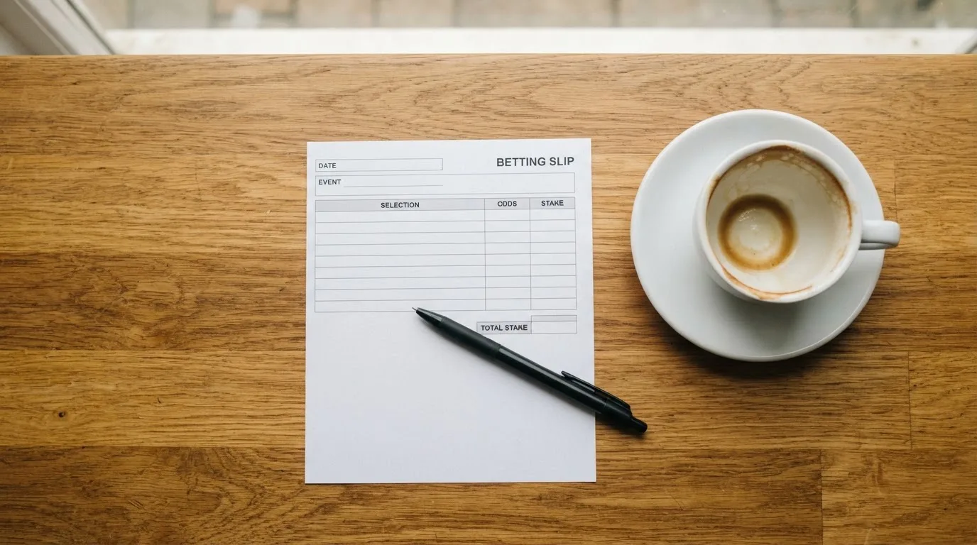 Ein leerer Wettschein aus Papier liegt neben einem Kugelschreiber und einer Tasse Kaffee auf einem Holztisch, Aufnahme von oben.
