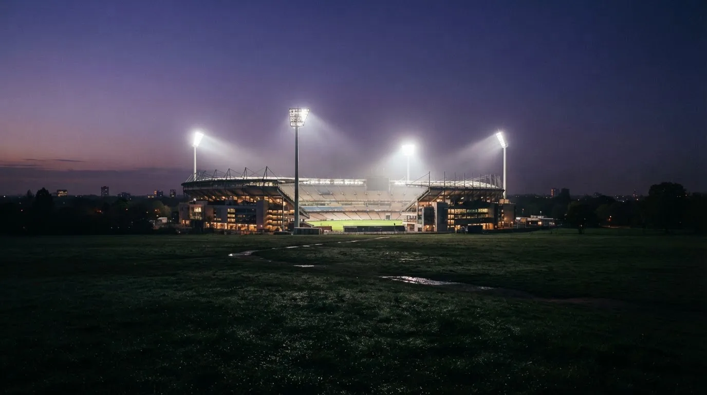 Ein großes Stadion unter Flutlicht, aus der Ferne über eine dunkle Wiese gesehen, die Lichtmasten spiegeln sich im Dunst der Abenddämmerung.