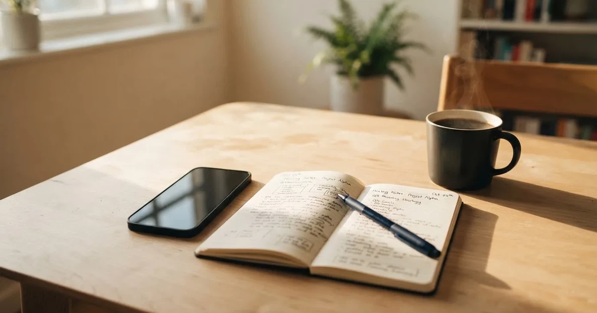Ein Smartphone mit dunklem Display liegt neben einem Notizbuch mit handschriftlichen Notizen auf einem hellen Holztisch, daneben eine Tasse Kaffee im Morgenlicht.