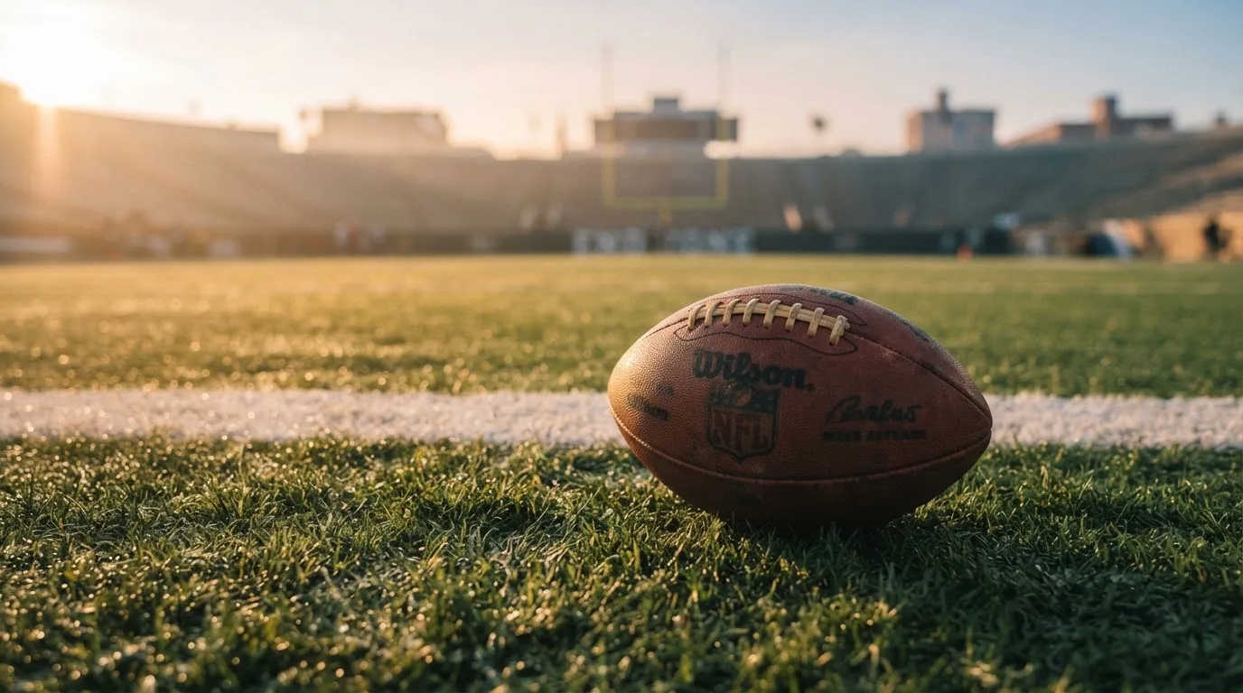 Ein ovaler Lederball mit heller Schnürung liegt auf dem Rasen vor der Endzone, Tau auf dem Gras im ersten Morgenlicht.