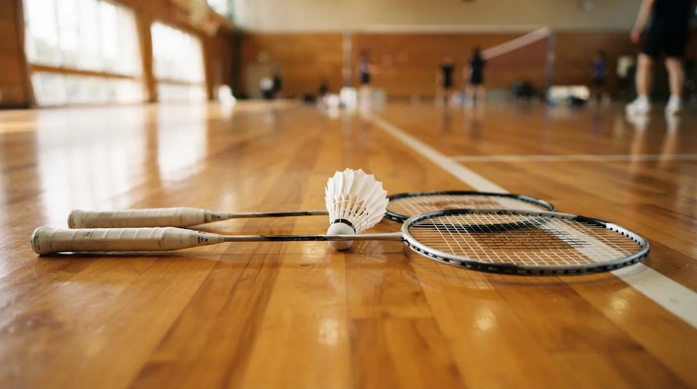 Zwei Badmintonschläger und ein Federball liegen auf einem Holzboden neben der Seitenlinie, weiches Licht fällt von der Seite ein.