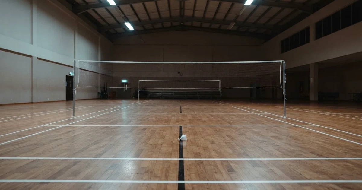 Eine leere Badmintonhalle mit gespanntem Netz und hellen Hallenlichtern, ein Federball liegt auf dem Hallenboden.