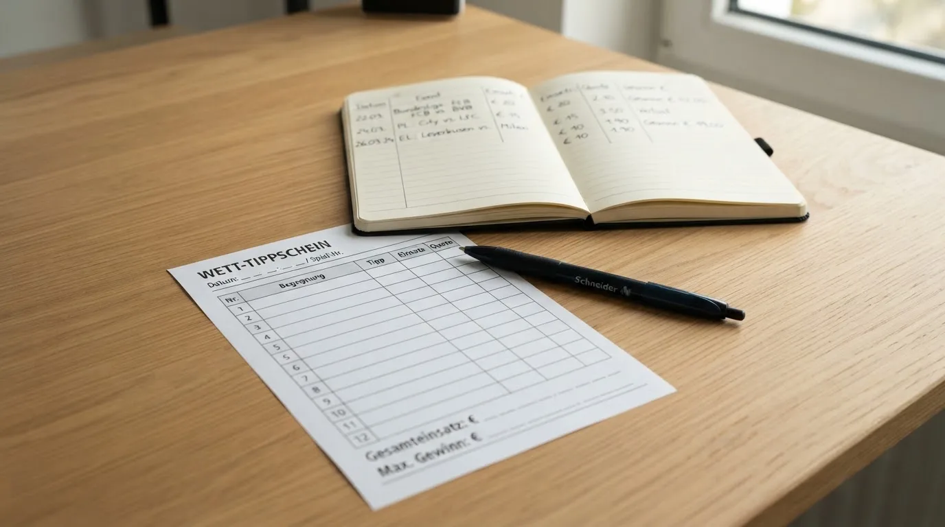 Ein leerer Papierwettschein und ein Kugelschreiber auf einer glatten Schreibtischplatte, daneben ein aufgeschlagenes Notizbuch mit handschriftlichen Notizen.