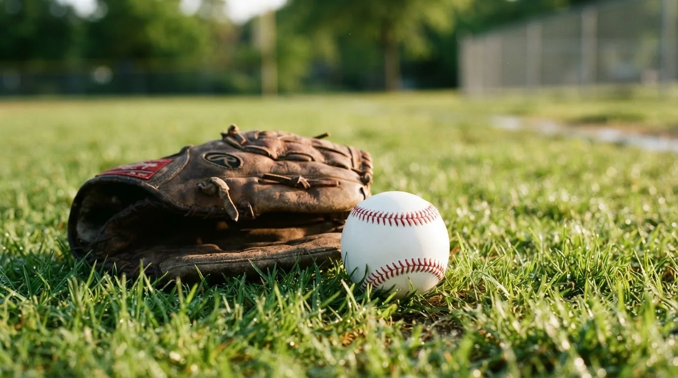 Ein weißer Baseball und ein Lederhandschuh liegen auf kurz geschnittenem Gras, im Hintergrund eine verschwommene Spielfeldbande.