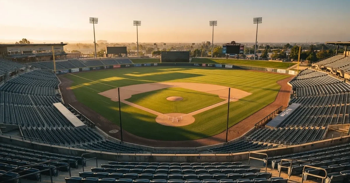 Ein Baseballfeld mit dem hellbraunen Infield und gepflegtem Rasen, von der Tribüne aus gesehen, die Ränge leer, tiefe Abendsonne.