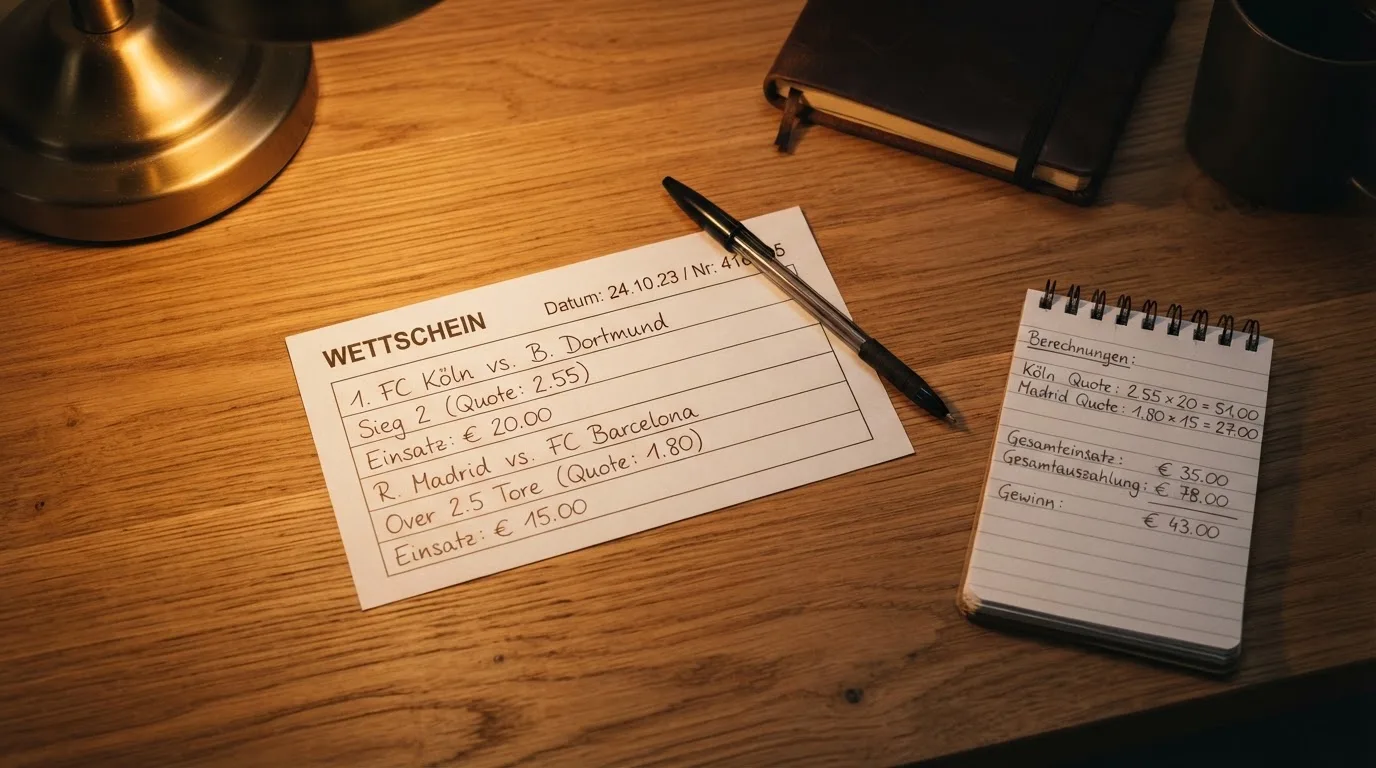 Ein leerer Papierwettschein, ein Kugelschreiber und ein Taschenrechner liegen auf einem Holztisch, warmes Licht einer Schreibtischlampe.