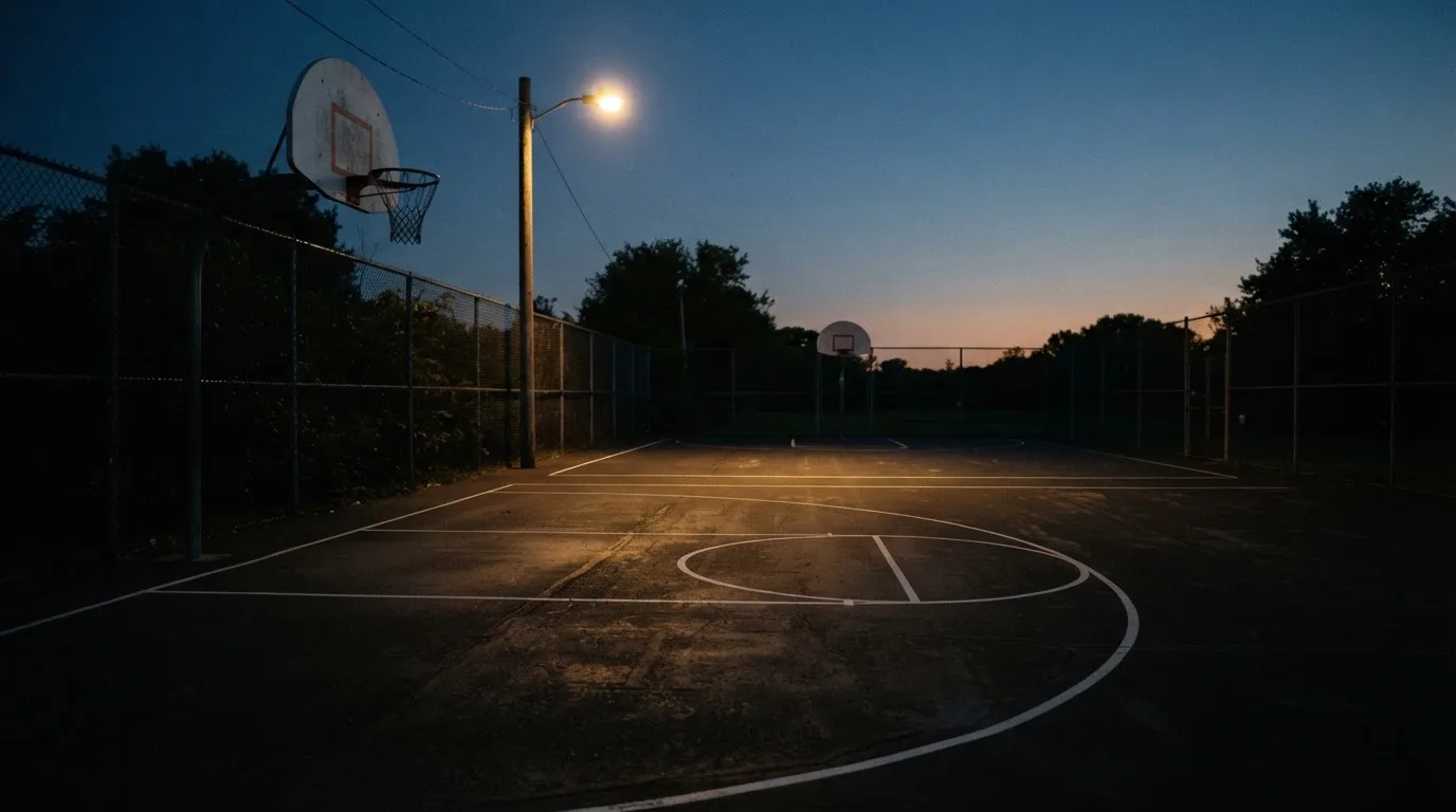 Ein Freiluft-Basketballplatz am Abend mit Asphalt, Linien und zwei Körben unter einer Straßenlaterne.