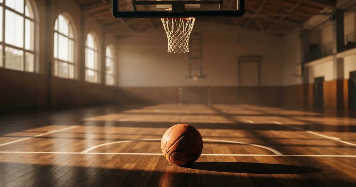 Ein Basketball liegt unter dem Korb auf dem Parkett einer leeren Sporthalle, Licht fällt durch hohe Fenster.