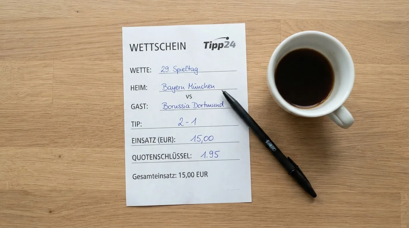 Ein leerer Wettschein aus Papier liegt neben einem Kugelschreiber und einer Tasse auf einem hellen Holztisch.