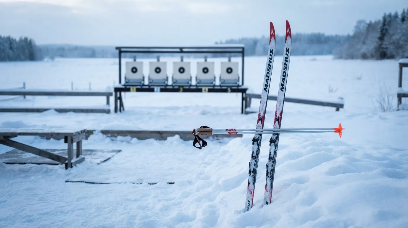 Ein Paar Langlaufskier steckt aufrecht im Schnee neben einem leeren Schießstand mit runden Zielscheiben, kaltes Winterlicht.
