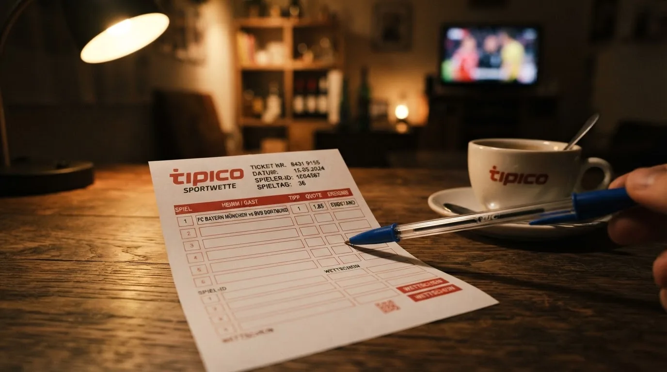 Ein leerer Papierwettschein und ein Kugelschreiber liegen auf einem Holztisch neben einer Tasse, warmes Licht einer Lampe.