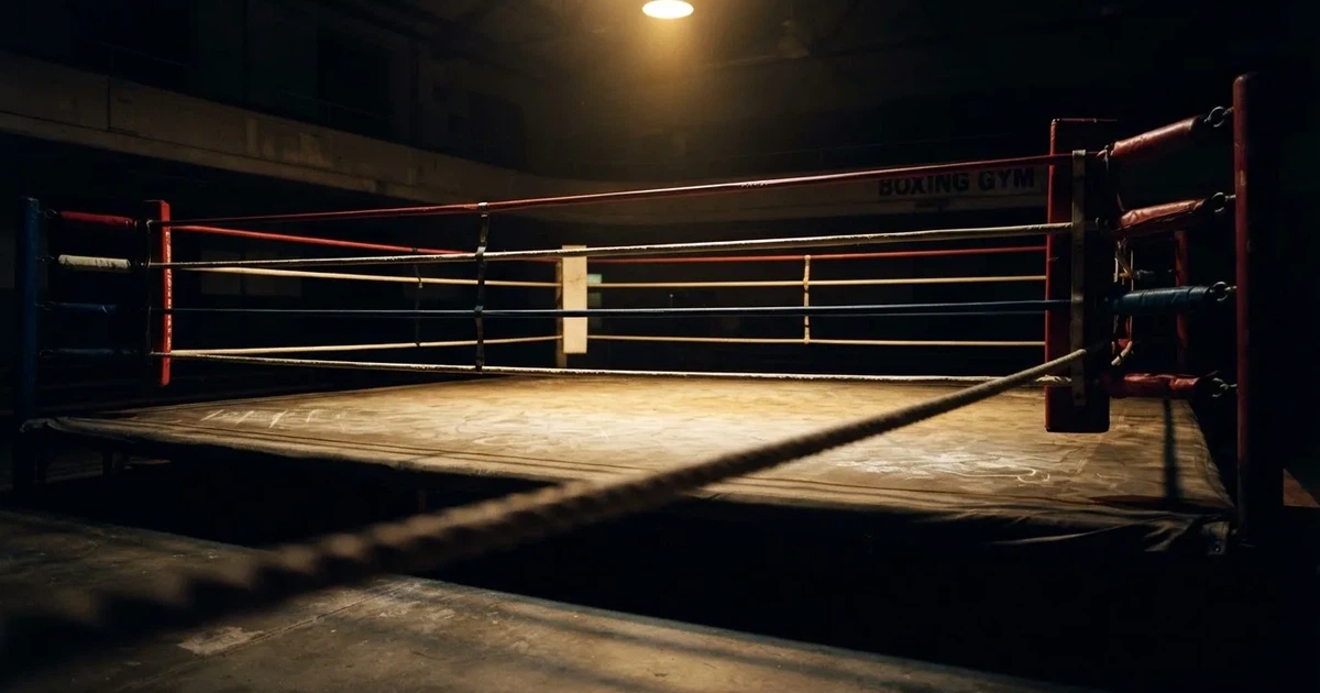 Ein Boxring mit gespannten Seilen in einer leeren Halle, ein einzelner Scheinwerfer leuchtet von oben auf die Ringmatte.