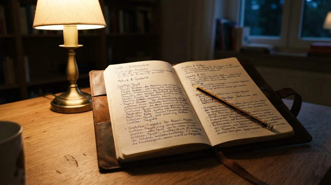Ein Notizbuch mit handschriftlichen Notizen und ein Bleistift liegen neben einer Tischlampe auf einem Schreibtisch, ruhiges Abendlicht.