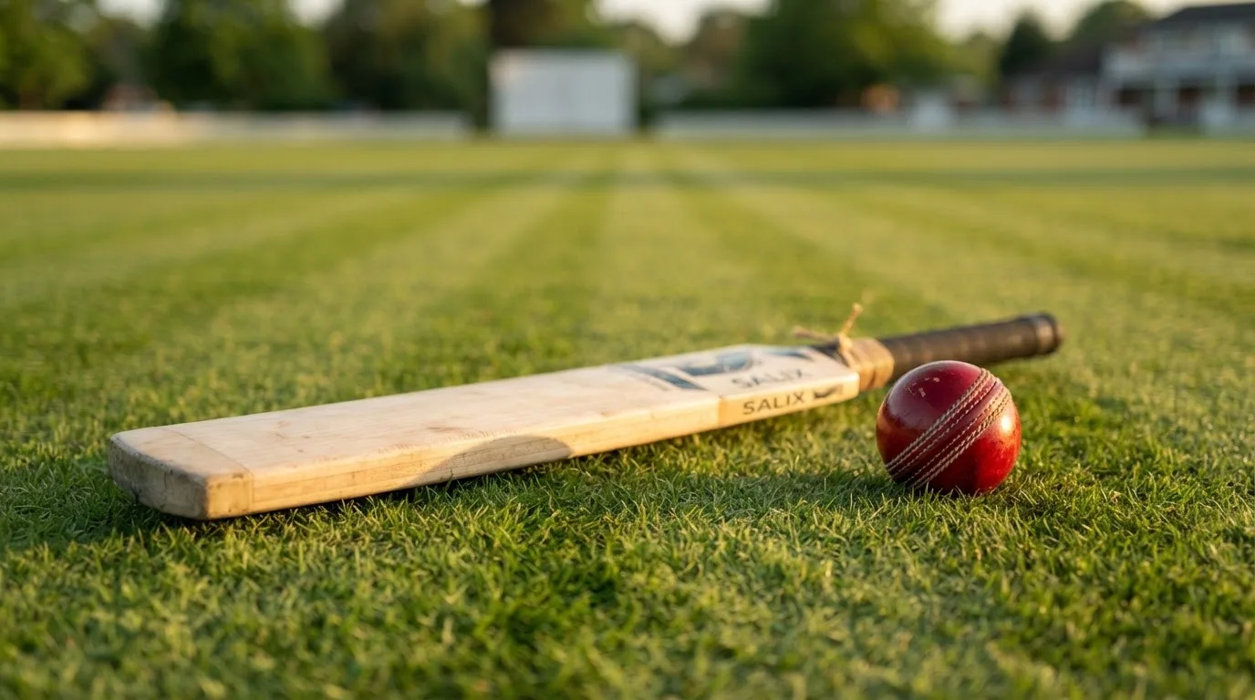 Ein Cricketschläger aus hellem Holz und ein roter Lederball liegen auf kurzem Rasen, weiches Abendlicht.