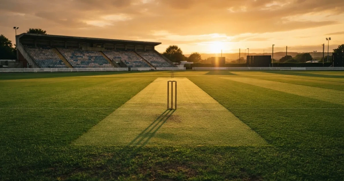 Ein weites grünes Cricketfeld mit einem hellen Streifen in der Mitte, tief stehende Sonne, im Hintergrund eine leere Tribüne.