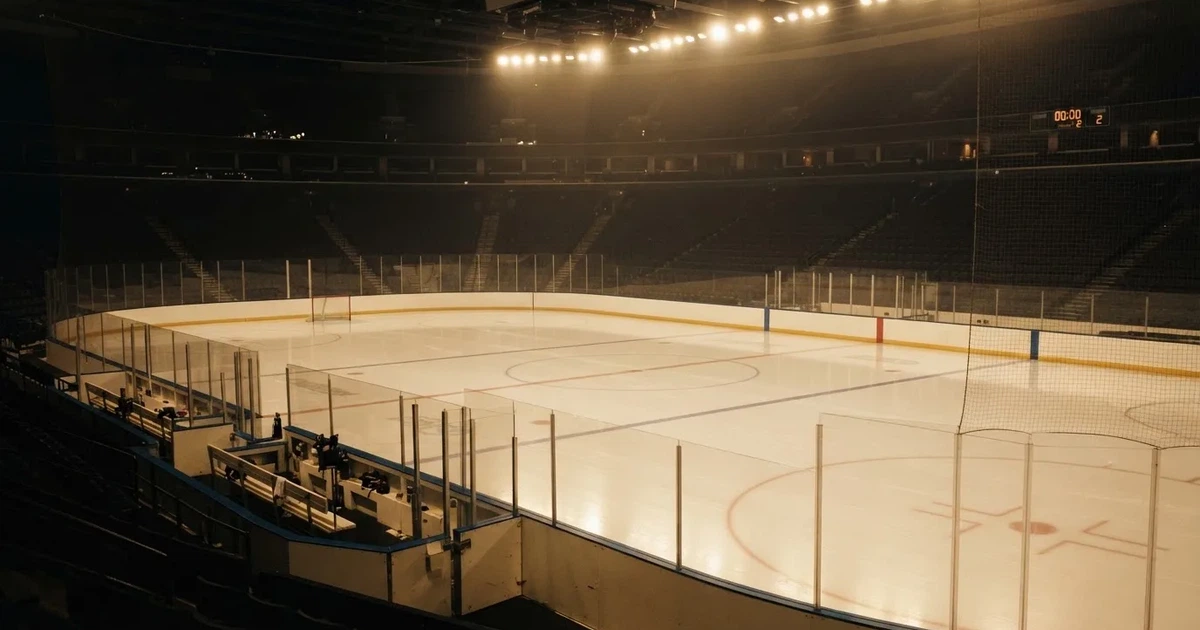 Eine Eishockeyhalle von der Tribüne aus gesehen, spiegelglatte Eisfläche, Banden ohne Schriftzüge, helles Flutlicht.