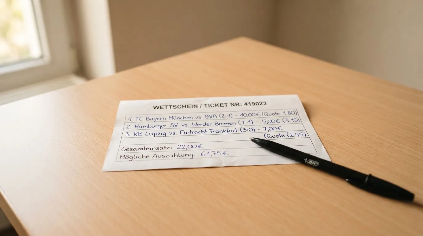 Ein leerer Papierwettschein und ein Kugelschreiber liegen auf einem aufgeräumten Schreibtisch, weiches Licht von einem Fenster.