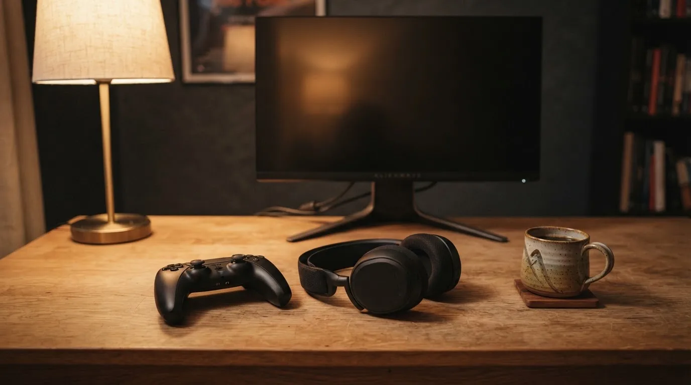 Ein Gamepad und ein Headset liegen auf einem Schreibtisch neben einer Tasse, der Bildschirm im Hintergrund ist ausgeschaltet.