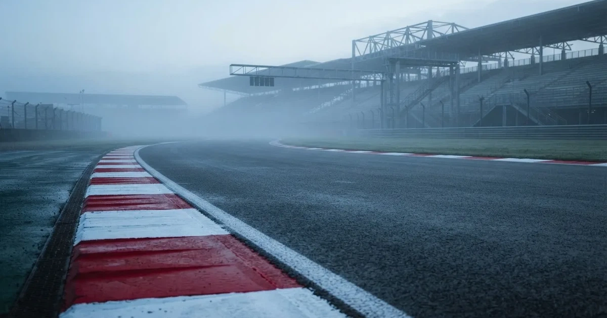 Eine leere Rennstrecke im Morgennebel, Asphalt mit rot-weißen Randsteinen, im Hintergrund Tribünen in der Ferne.