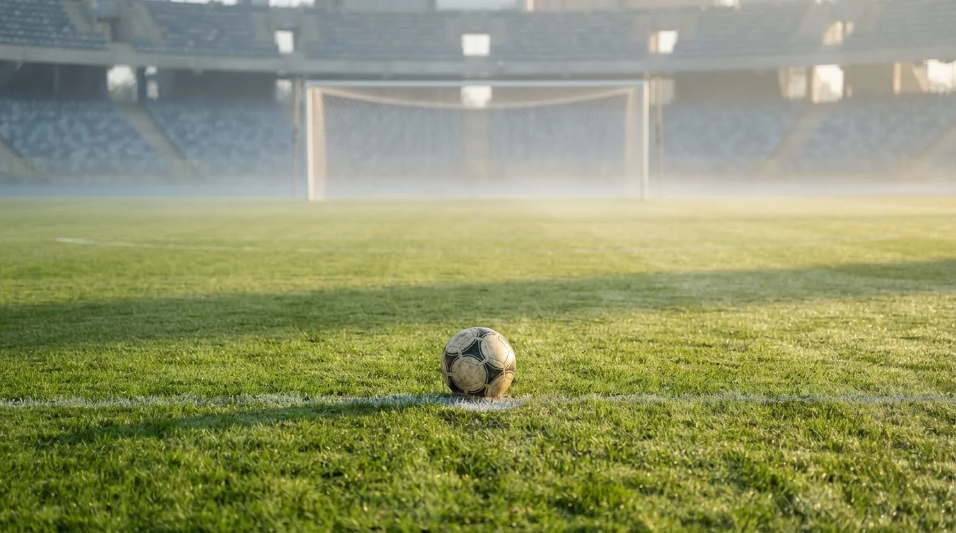 Ein Fußball liegt auf dem Elfmeterpunkt eines leeren Rasenplatzes, im Hintergrund unscharf ein Tor im Morgendunst.
