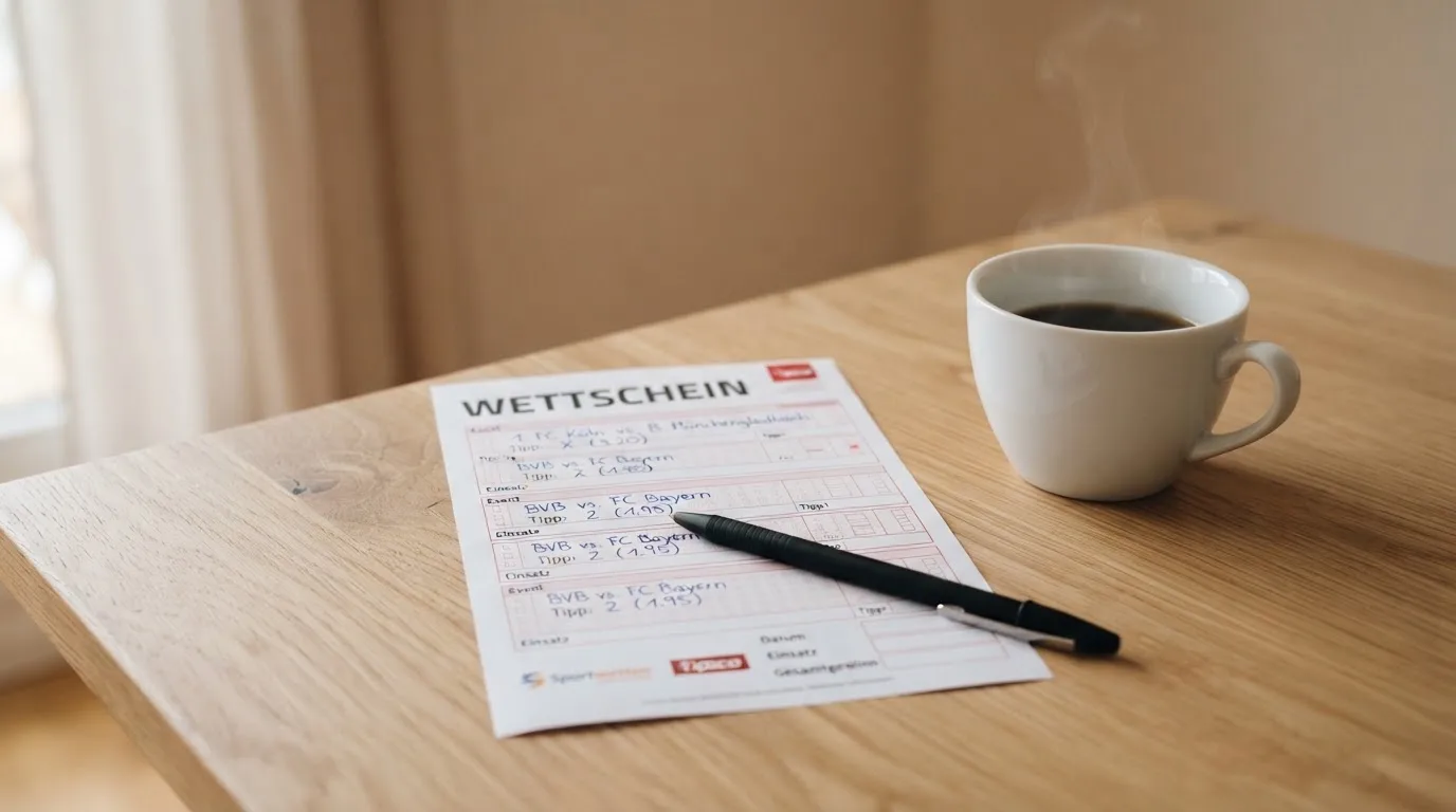 Ein leerer Wettschein aus Papier liegt neben einem Kugelschreiber und einer Tasse auf einem hellen Holztisch.