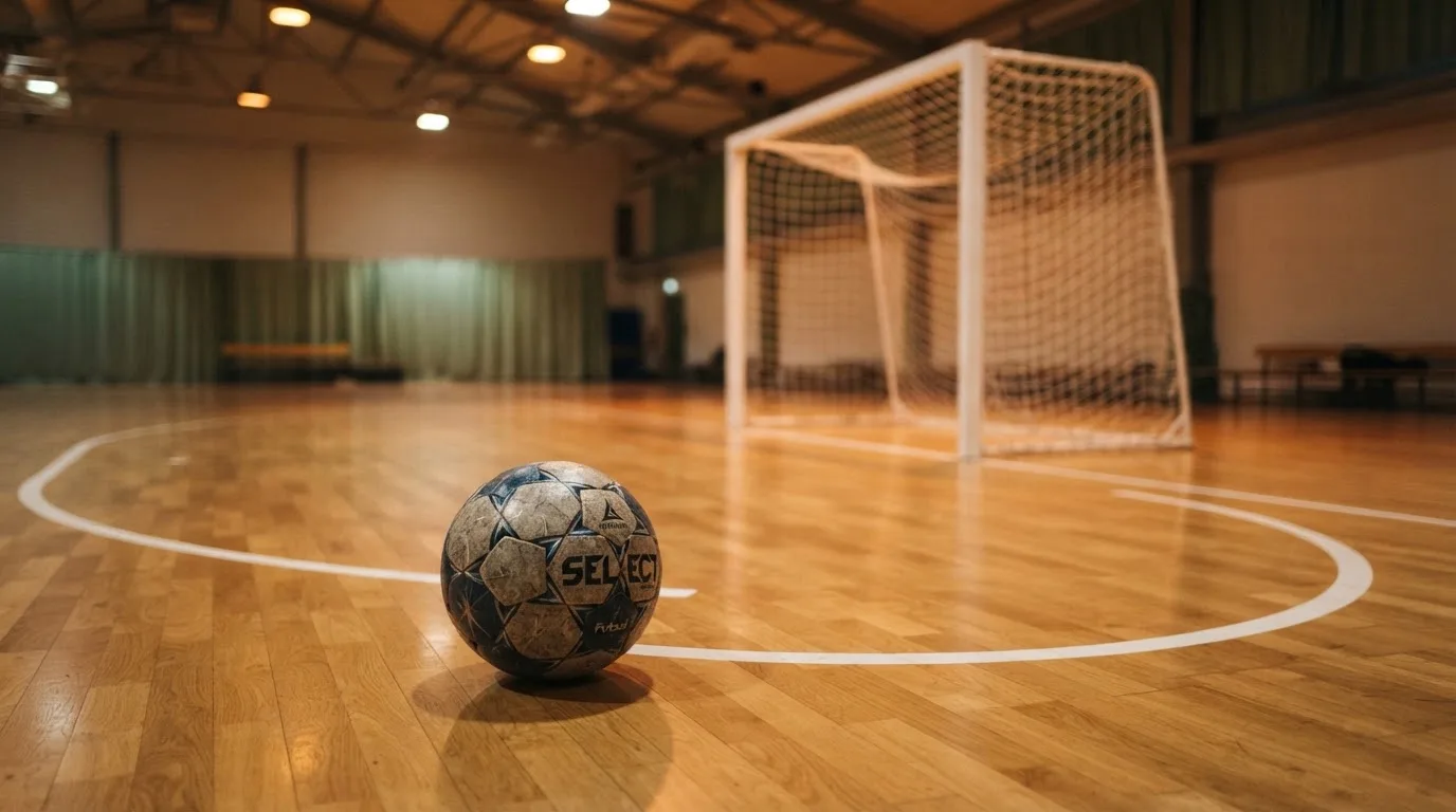 Ein kleiner schwerer Ball liegt in einer Halle auf dem Parkett vor einem Tor, warmes Licht aus den Deckenstrahlern.