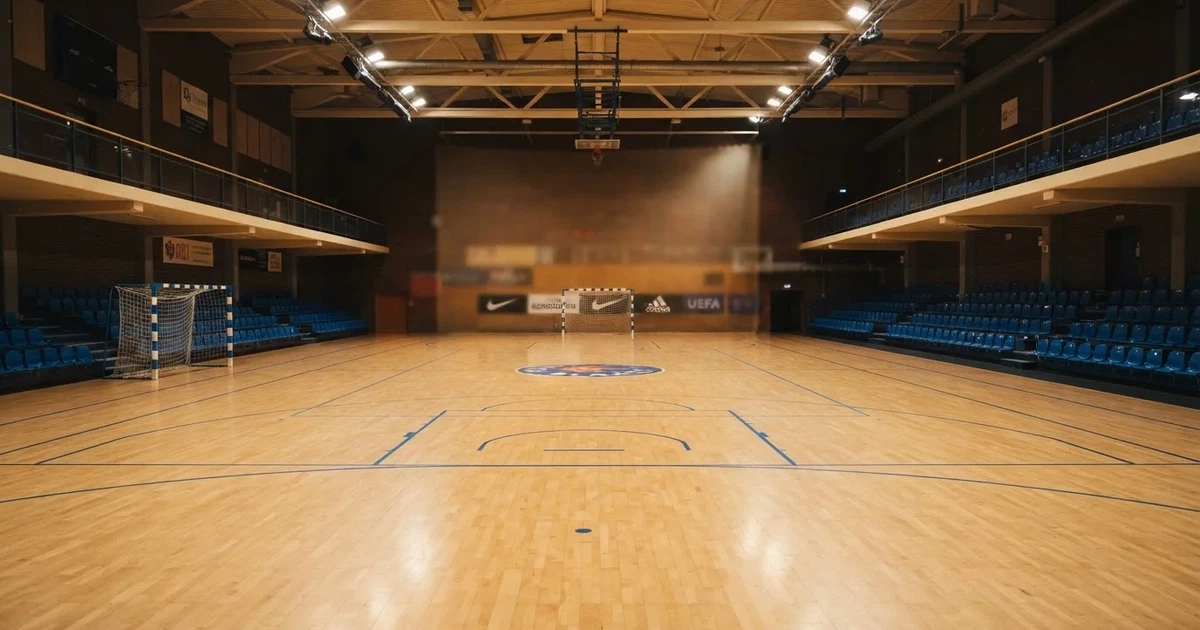 Eine leere Sporthalle mit hellem Hallenboden, kleinen Toren an beiden Enden und blauen Linien, Licht fällt von oben.