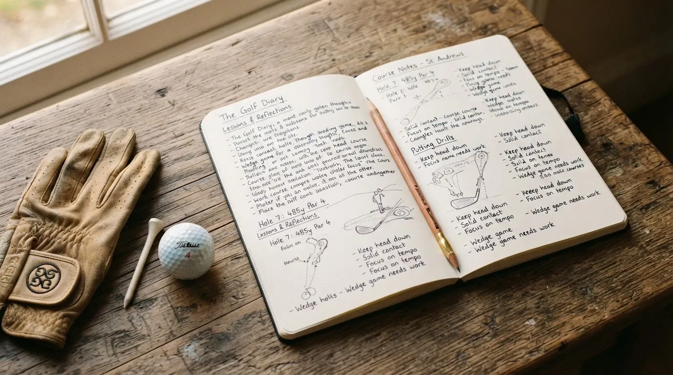 Ein Notizbuch mit handschriftlichen Notizen und ein Bleistift liegen neben einem Golfhandschuh und einem Tee auf einem Holztisch.