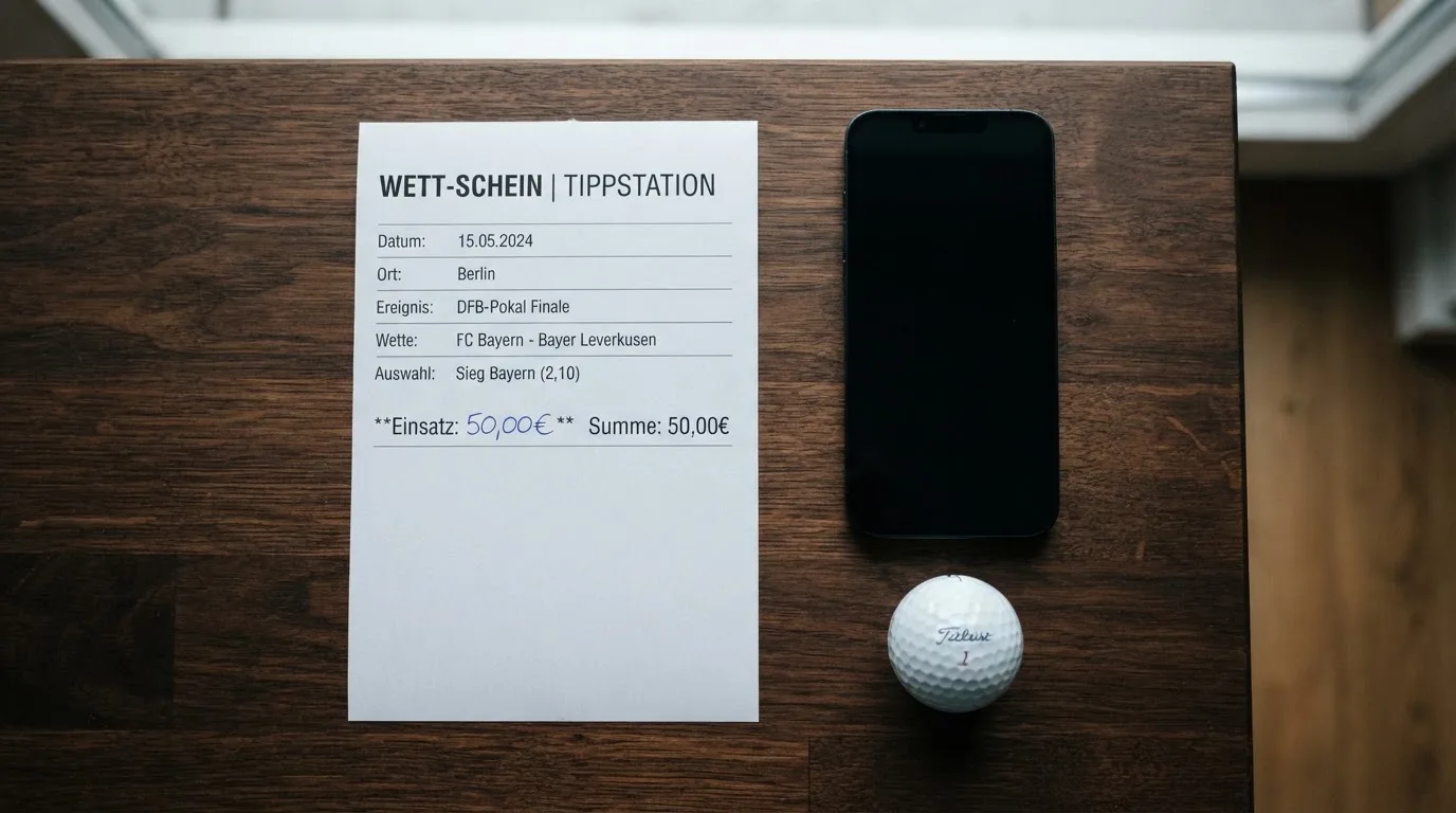 Ein leerer Wettschein aus Papier liegt neben einem Smartphone mit dunklem Display auf einem Tisch, daneben ein einzelner Golfball.