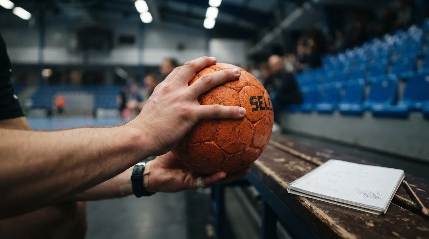 Eine Hand hält einen Handball, im Hintergrund eine unscharfe Tribüne, daneben liegt ein Notizblock auf einer Bank.