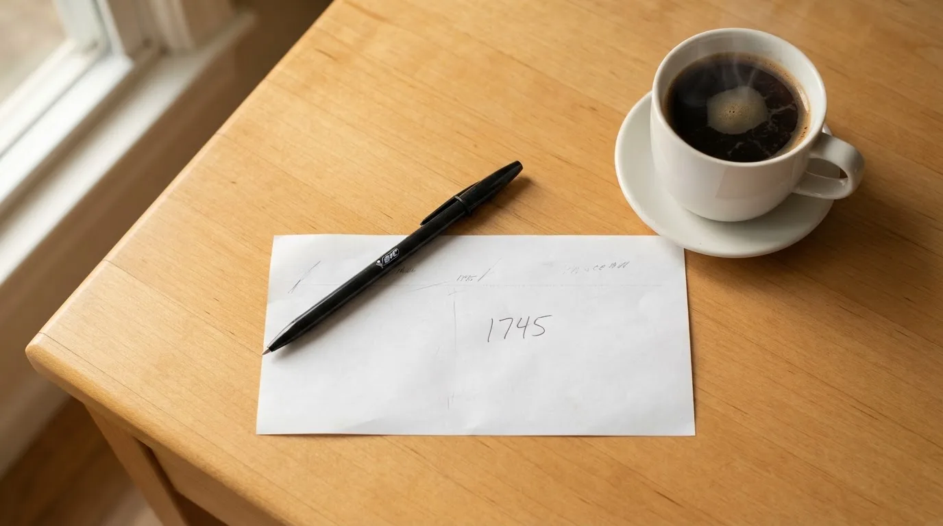 Ein leerer Wettschein aus Papier und ein Kugelschreiber liegen auf einem Schreibtisch neben einer Tasse Kaffee im Tageslicht.
