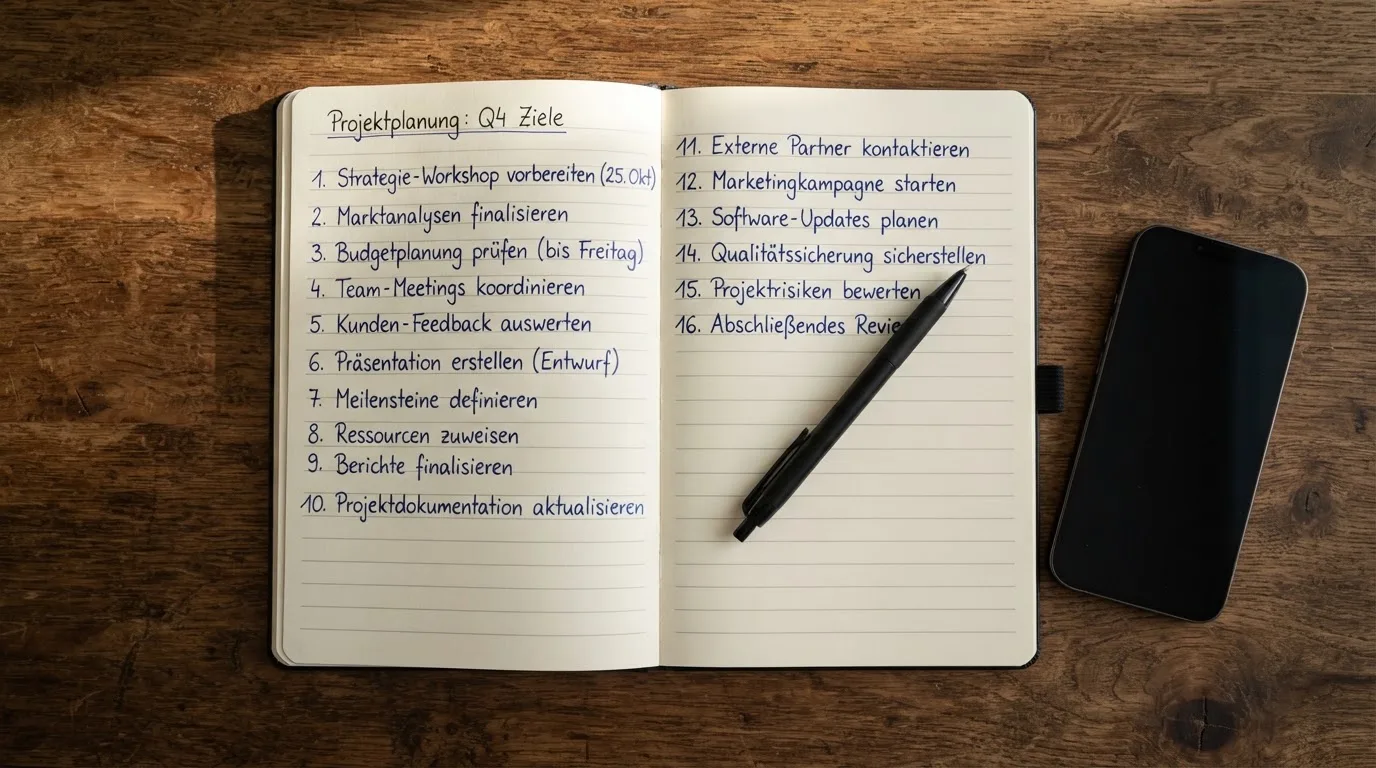Ein Notizbuch mit handschriftlichen Notizen und ein Stift liegen auf einem Holztisch neben einem Smartphone mit dunklem Bildschirm.