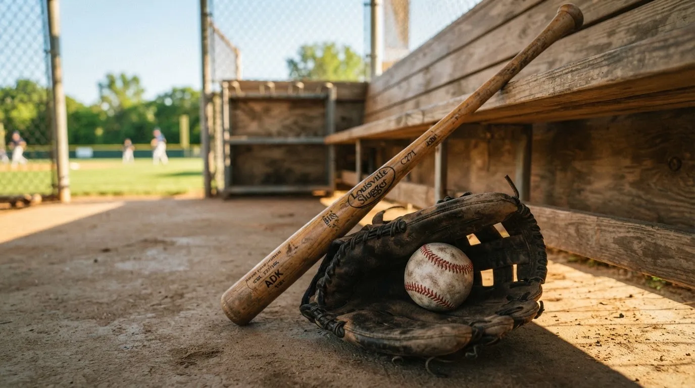 Ein Baseballschläger lehnt an einer Bank im Dugout, daneben liegen ein Handschuh und ein Ball im Licht der Nachmittagssonne.