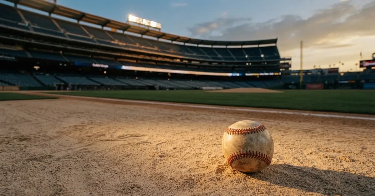 Ein Baseball liegt auf dem hellen Sand des Infields, im Hintergrund eine große Tribüne in der Abenddämmerung.