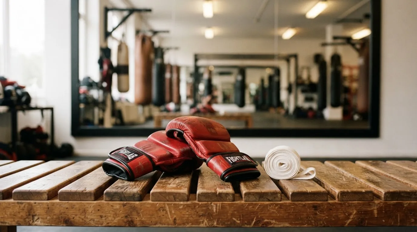 Ein Paar Kampfhandschuhe und eine Bandage liegen auf einer Holzbank in einem Trainingsraum mit Spiegelwand.